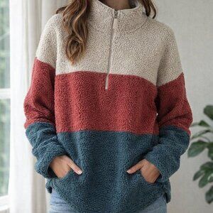 Kismet, size XXL, fuzzy 1/4 zip tri colored long sleeve pull over sweater